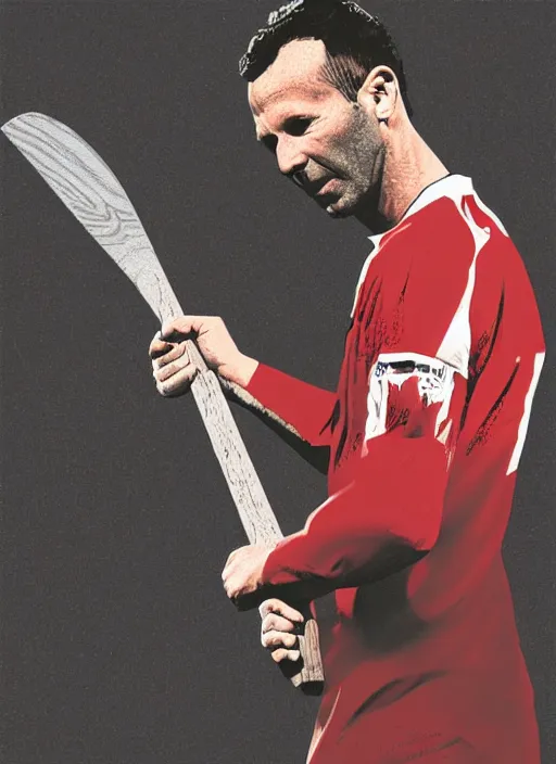 Image similar to close up of Ryan Giggs holding an axe, digital art