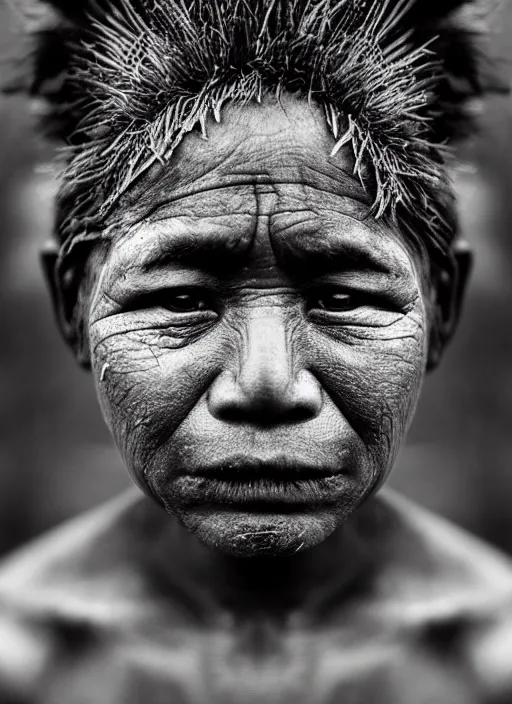 Image similar to Award winning Editorial photo of a Native Kiribati with incredible hair and beautiful hyper-detailed eyes wearing traditional garb with a Bokikokiko by Lee Jeffries, 85mm ND 5, perfect lighting, gelatin silver process