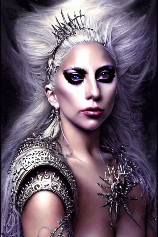 Image similar to Lady Gaga as a beautiful Goddess, fantasy, portrait, sharp focus, intricate, elegant, digital painting, artstation, matte, highly detailed, concept art, illustration, ambient lighting, art by Luis Royo