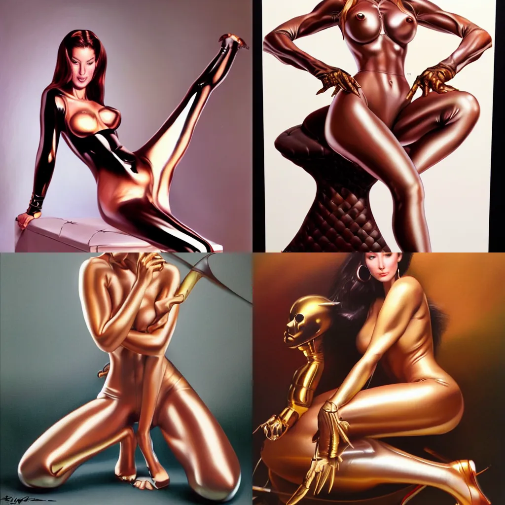 Prompt: a realistic airbrush painting of a nice looking girl with beautiful forms and skin-tight shiny leather leggings sitting with wide spread legs over a fantasy throne, in style by hajime sorayama and boris vallejo, trending on artstation, 4K