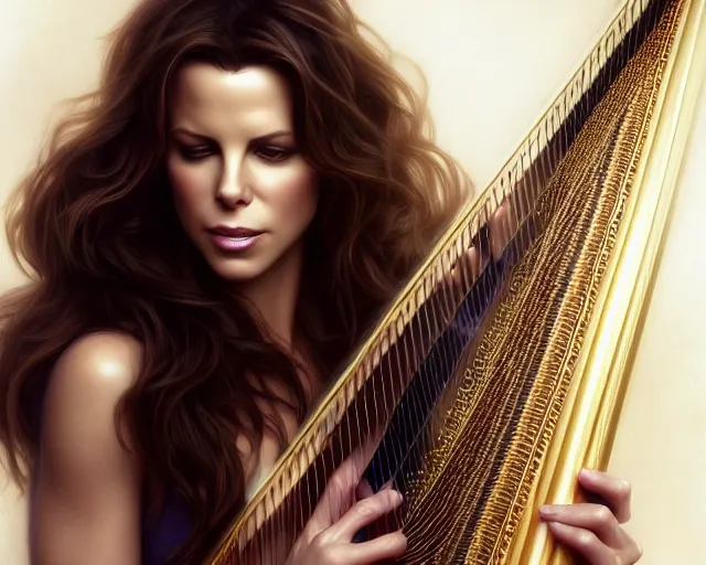 Prompt: photography of kate beckinsale with a harp singing 8 k, deep focus, d & d, fantasy, intricate, elegant, highly detailed, digital painting, artstation, concept art, matte, sharp focus, illustration, hearthstone, art by artgerm and greg rutkowski and alphonse mucha