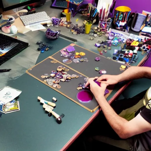 Prompt: violet - haired male game designer who plays blood bowl and paints miniatures, sitting at his untidy working table