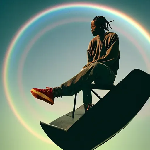 Image similar to Travis Scott sitting on a chair floating over Earth, 4k, Aubrey Powell, vintage photo, lens flare, beautiful cinematography, rainbow surreal, film grain