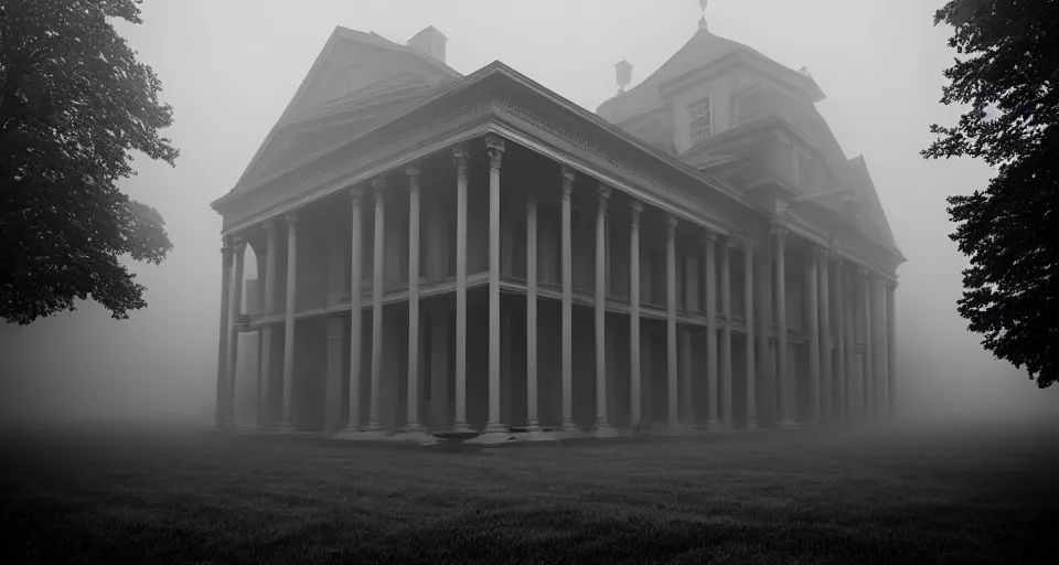 Prompt: eerie classical academy shrouded in mist