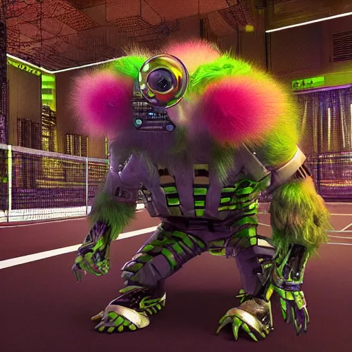 Image similar to high quality 3 d render cyberpunk very tennis ball monster highly detailed, unreal engine cinematic smooth,, basil gogos, chalk, low angle, uhd 8 k, sharp focus, illustrated by basil gogos