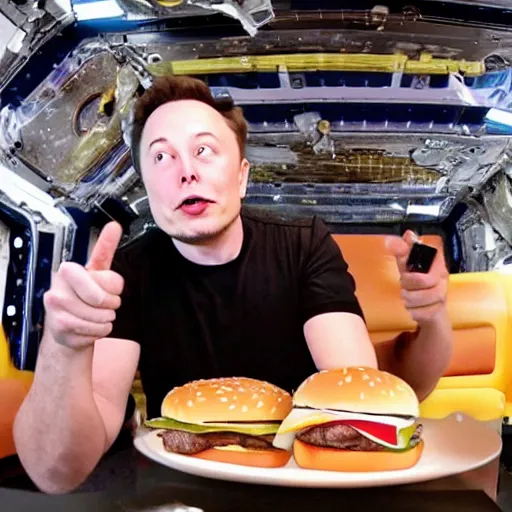 Image similar to elon musk eating burger in space, hd photo