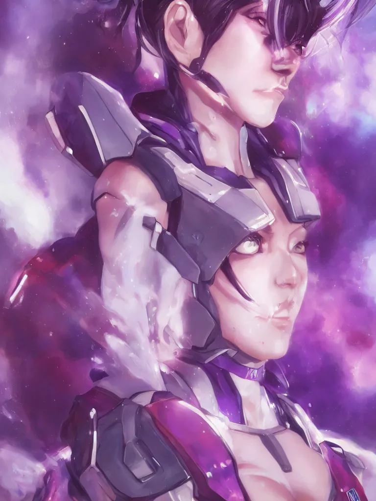 Image similar to A realistic anime portrait of a woman in a Gundam suit with glowing purple, digital painting, by Stanley Artgerm Lau, Sakimichan, WLOP and Rossdraws, digtial painting, trending on ArtStation, SFW version