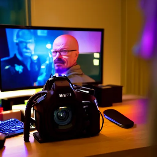 Prompt: dslr photo of walter white as a twitch streamer, playing video games, room lit with leds