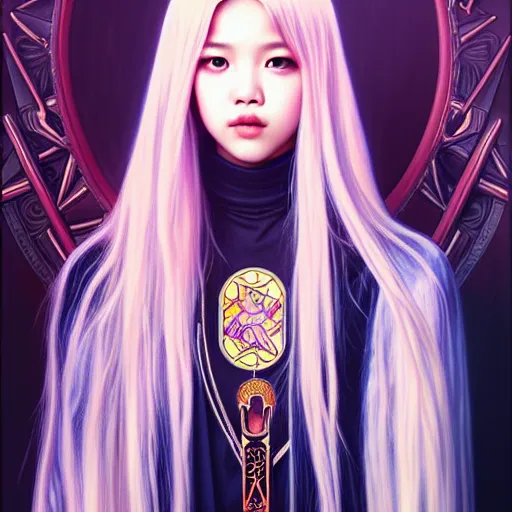 Image similar to lalisa manoban of blackpink, grim reaper costume, tarot card, highly detailed, digital painting, smooth, sharp focus, illustration, ultra realistic, 8 k, art by artgerm and alphonse mucha