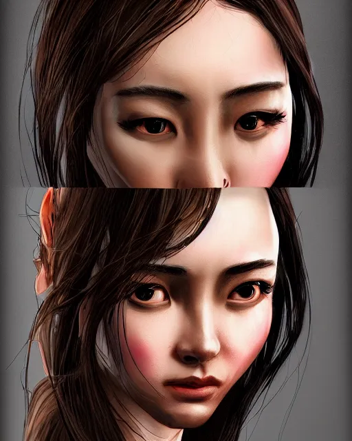 Image similar to the face of an oriental woman left face is a mechanical structure the eyes glow, artstation