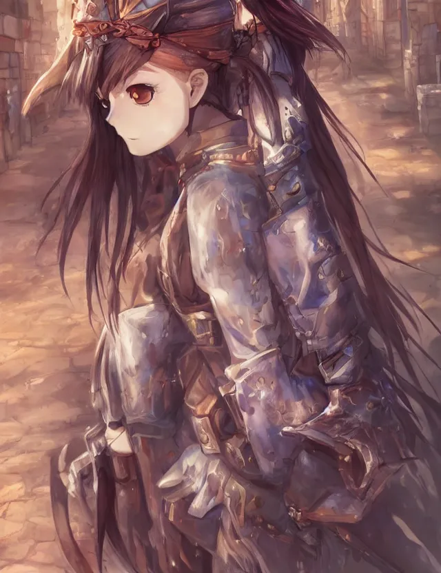 Image similar to anime scenery, wide angle portrait of a teenage girl in town center, confident knight's outfit, anime in fantasy style, trending artwork, painted in anime painter studio, by anato finstark, tony sart, marc simonetti and an anime artist, collaboration