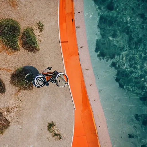 Prompt: Orange fruit with wheels, riding in a italian coastal town highway. Drone cinematic view award winning photography, 8k