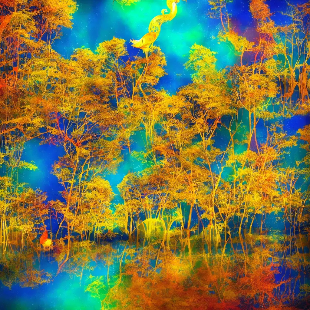 Image similar to “ a landscape, interesting, geometric forms, fluid surfaces, golden refractive mirrors, tall flamingos, cyber giraffe with glowing body, colorful and golden trees, highly detailed, 4 k ”