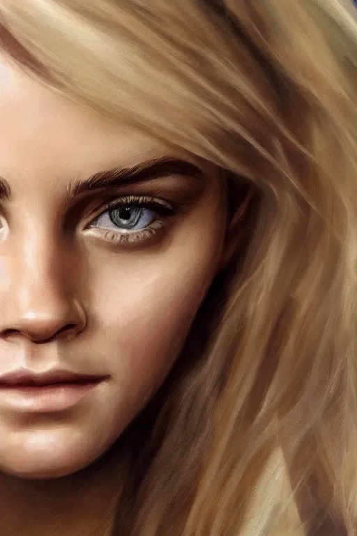 Image similar to An extremely beautiful detailed close up portrait of a blonde haired Emma Watson, green eyes, long hear, round face, artstation, oil painting, award winning