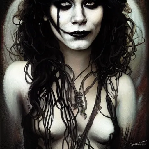 Image similar to beautiful portrait of vanessa hudgens as death from sandman, smiling, by cedric peyravernay, alphonse mucha, by jeremy mann, by lecouffe deharme, goth chic, soft lightning, eyeliner, punk rock, high detailed, 8 k