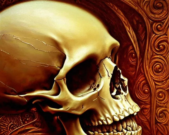 Prompt: a human skull with intricate carvings. highly detailed painting by gaston bussiere, craig mullins, j. c. leyendecker 8 k