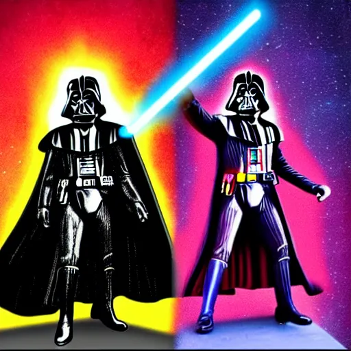 Prompt: psychedelic tom baker fights psychedelic darth vader, photorealistic