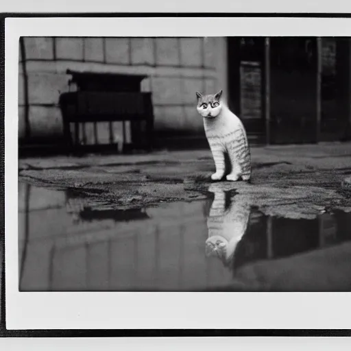 Image similar to wide-shot very low-angle eyesight reflection of a cat in the puddle at the street in Moscow, polaroid photo, by Andy Warhol, signed