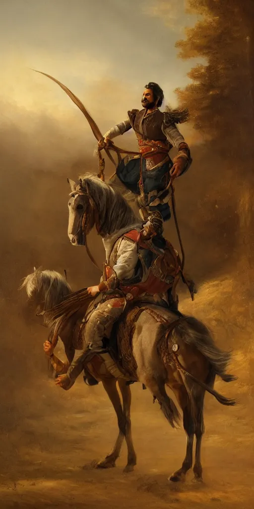 Image similar to Highly detailed and cinematic romantic period oil painting of an Arabian prince riding a rearing horse, beautifully lit and atmospheric, an oil painting masterpiece by Josep Tapiró Baró, RPG portrait, dynamic lighting, 8K