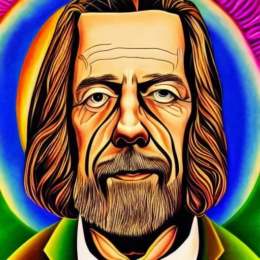 Prompt: alan watts in the style of alex grey