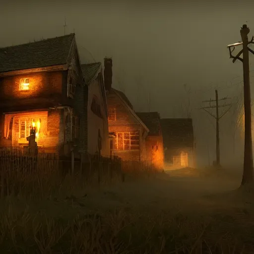 Image similar to Village, horror, fog, foster, highly detailed, game, one house, fear, hyper realistic, atmospheric lighting