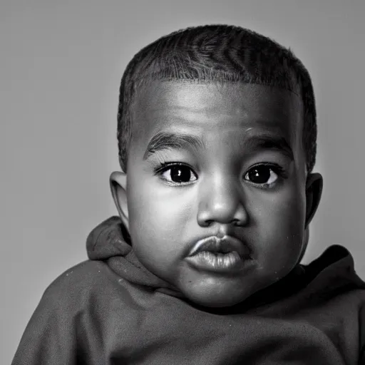 Image similar to the face of young kanye west wearing yeezy clothing at 3. 2 years old, black and white portrait by julia cameron, chiaroscuro lighting, shallow depth of field, 8 0 mm, f 1. 8