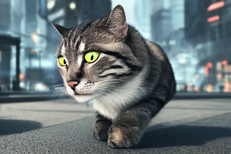 Prompt: professional close-up photo of a cat on the busy streets of a dystopian futuristic city with pedestrians, 4k, octane render, Unreal Engine