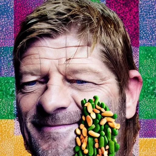 Image similar to a portrait of of sean bean constructed from beans, baked beans, lima beans, string beans, collage, drop shadow, organic, layered composition, layers, texture, mcu, petals, highly textured, layered, sculpted, dynamic,