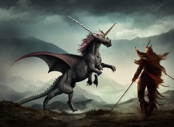 Prompt: digital art, trending on artstation, unicorn fighting a dragon, storm, mountains in the background, foggy, high details