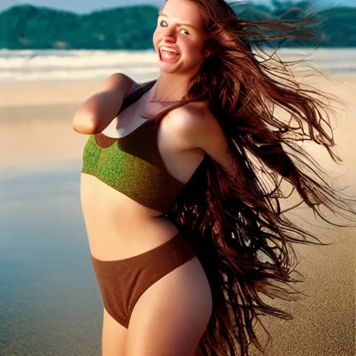 Image similar to A cute young woman, long shiny bronze brown hair, green eyes, cute freckles, smug smile, golden hour, beach setting medium shot, mid-shot, photography by Erwin Olaf