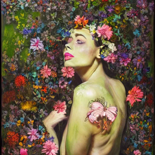 Image similar to portrait of a beautiful woman corpse covered in flowers in the middle of a Forest, ray gods, oil paint,