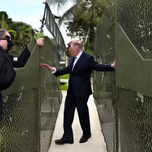 Prompt: a splinter cell tom Clancy operative scaling the fence at mar a lago to shake Donald trump's hand photo