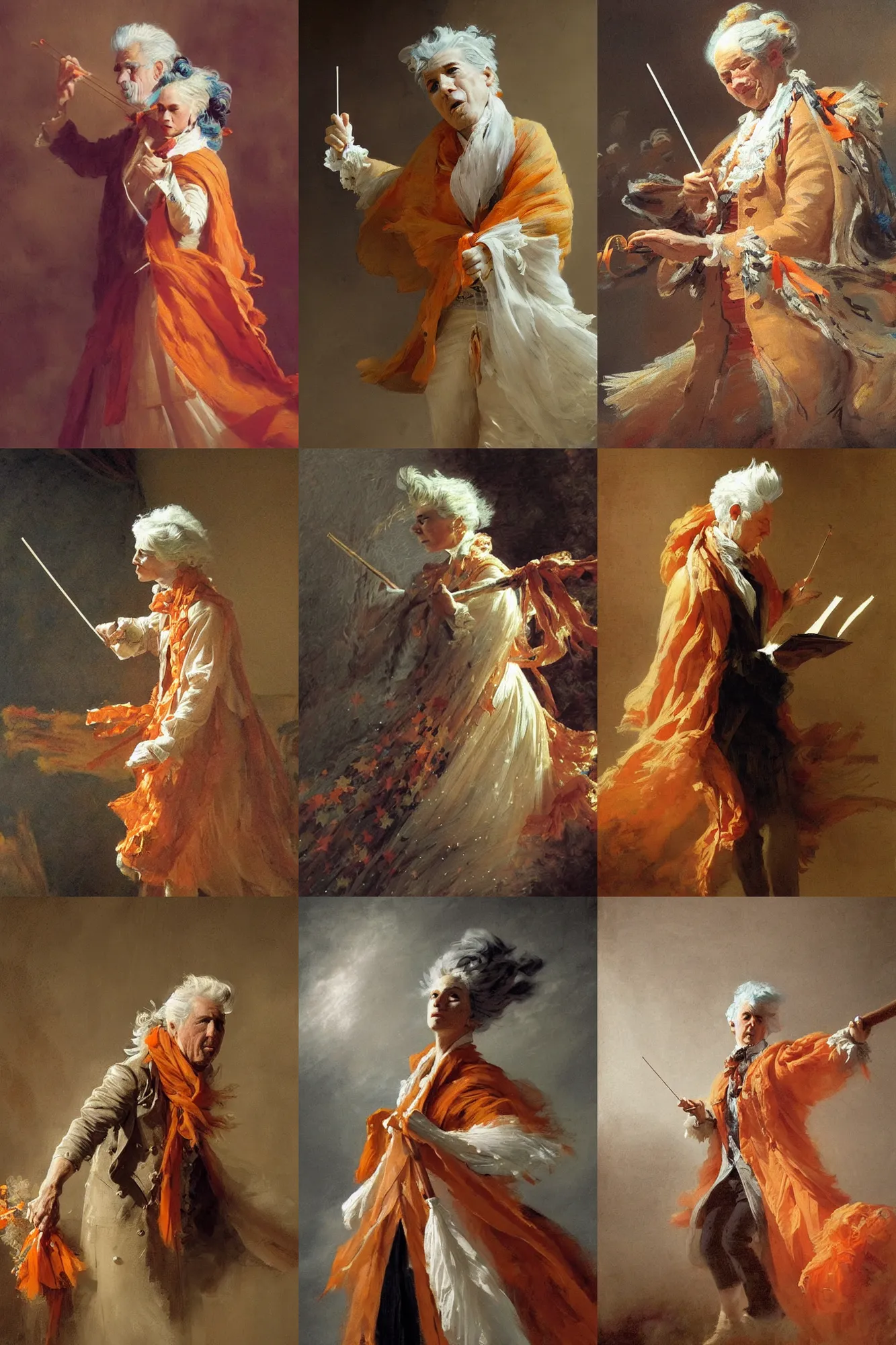 Prompt: an orchestra conductor with white hair and a scarf, windy, cape, orange ribbons, stars, melancholic, modern maximalist fashion dress, is ( ( holding a staff ) ). light dust, magnificent, hyperdetailed, theatrical, painted by jean honore fragonard and greg rutkowski