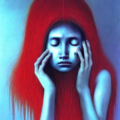 Image similar to crying girl as a zdzisław beksinski painting, nostalgic, sad