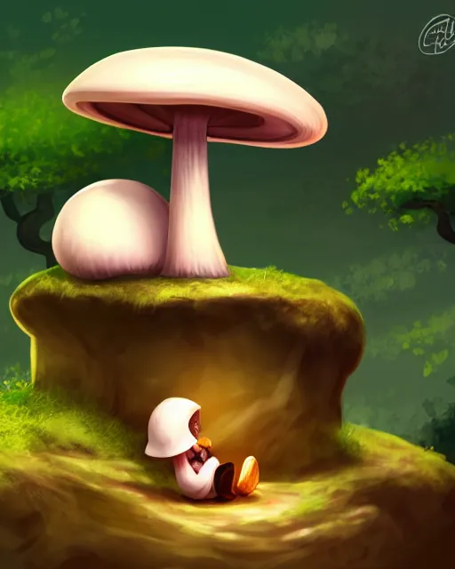 Image similar to digital illustration of a cute mushroom creature, thicc, sitting on a rock in a forest, | | epic - fine - clean, polished, trending on artstation, anime style, brush strokes