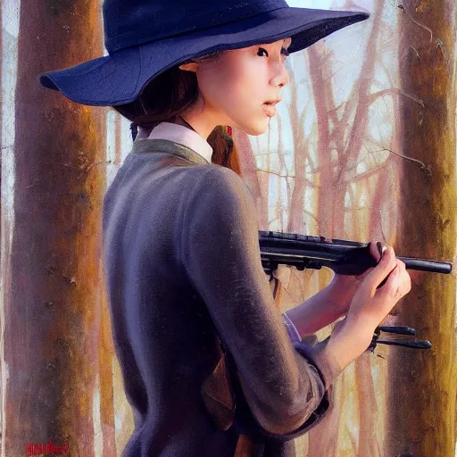 Image similar to oil painting by ilya kuvshinov,, chad knight, artgerm craig mullins, coby whitmore, of a youthful japanese girl, long hair, hunter's outfit, hunter's hat,, holding a rifle highly detailed, breathtaking face, studio photography, noon, intense bounced light, water reflection, large tree casting shadow, serine intense sunlight