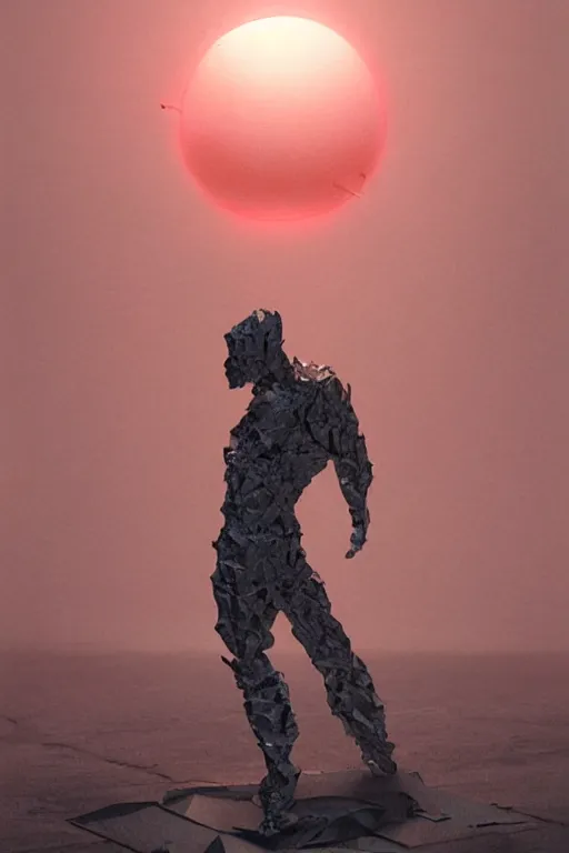 Prompt: realistic 8k Sculpture of random jagged reflective metal pieces forming the shape of a person silhouetted by a red sun, smooth, sharp focus, 24mm lens, DOF, hyper realistic, art by Greg Rutkowski and Ruan Jia