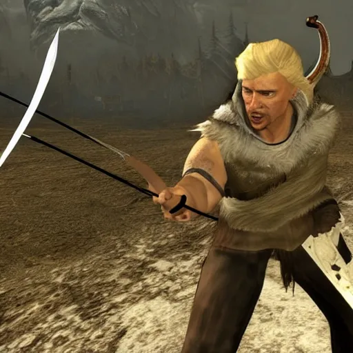 Prompt: Donald trump as a Skyrim character with an arrow shot through his knee,