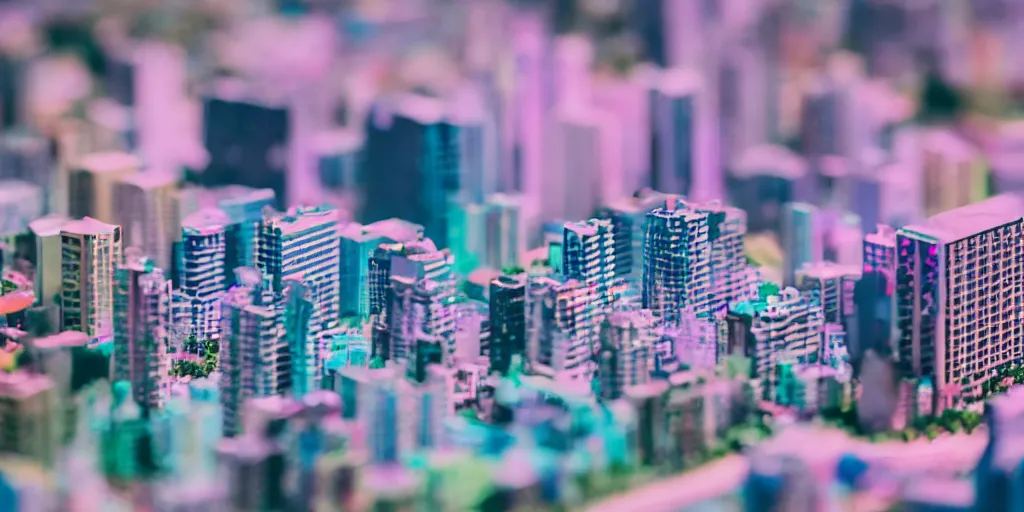 Image similar to macro photo of a miniature vaporwave city, canon 8 0 d, canon 1 0 0 mm f / 2. 8, 4 k,