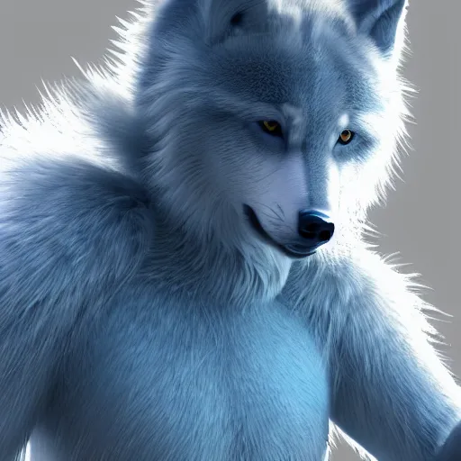 Image similar to 3 d render, well toned, large tall, female anthropomorphic wolf, blue fur and scales with white spots and wings on her back, icey blue dress, fur covering her chest.