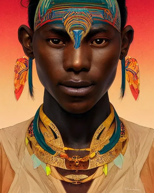 Prompt: colourful upper half portrait of dark - skinned tribal warrior - art by tenmyouya hisashi, hsiao - ron cheng & alphonse mucha, highly detailed, digital painting, illustration, smooth, sharp focus, intricate, symmetry, pinterest, behance, artstation