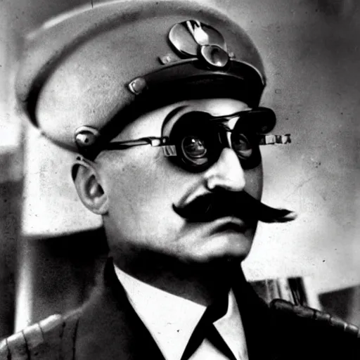 Image similar to josef stalin wearing big steampunk googles, photo by gustave baumann