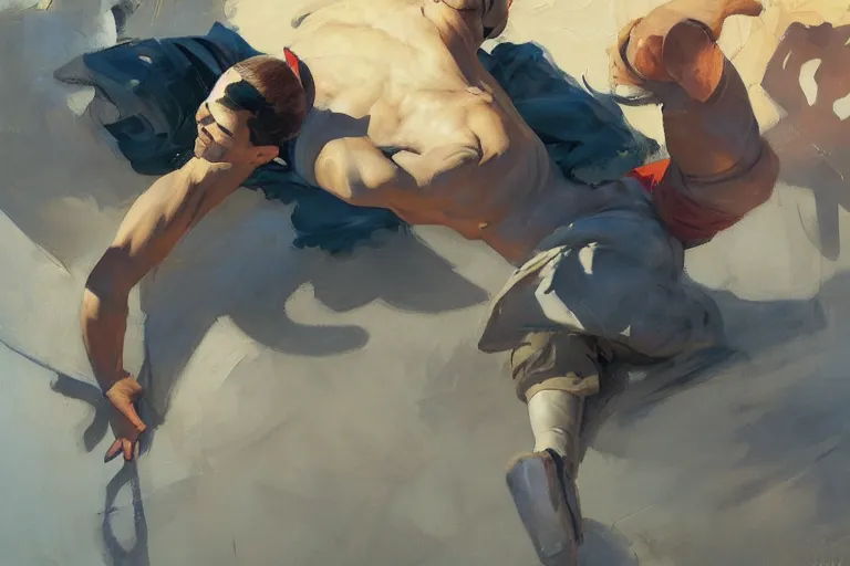 Image similar to greg manchess painting of a man in an arena tripping and falling, profile picture, organic painting, sunny day, matte painting, bold shapes, hard edges, street art, trending on artstation, by huang guangjian, gil elvgren, ruan jia, randy vargas, greg rutkowski