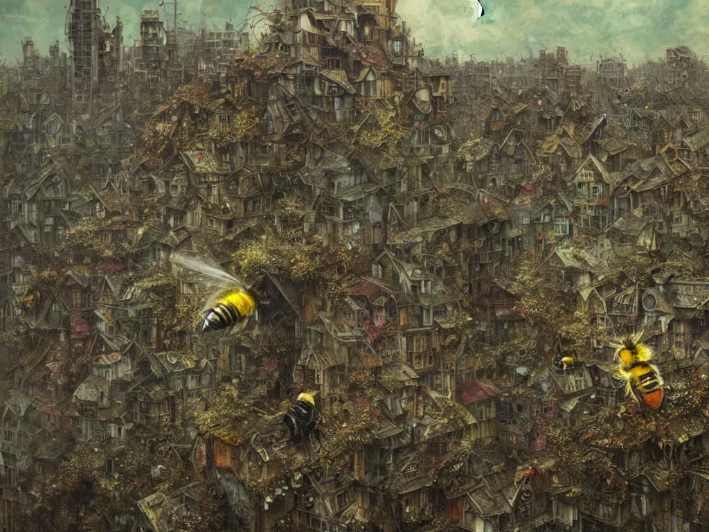 Prompt: Hooligan bee squatting on suburbia. Strange, Enigmatic, Spiralling, Colourful, Psychedelic Natural Horror by Greg Rutkowski and Gustave Doré