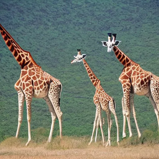 Image similar to three giraffes having a cool birthday party, photo, highly detailed