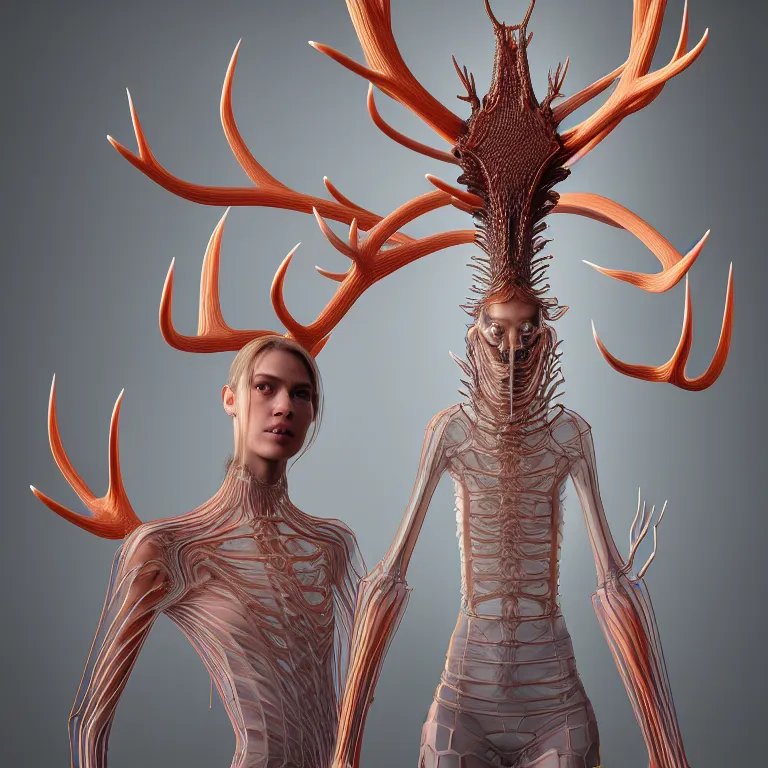Image similar to portrait of transparent exoskeleton ms with ribbed body, covered with twisted ribbed crooked antlers, baroque portrait by rutkowsky and charles vess and james jean and erik jones and rhads, 3 d octane render, beautiful fine face features, intricate high details, sharp, ultradetailed, artistic photography