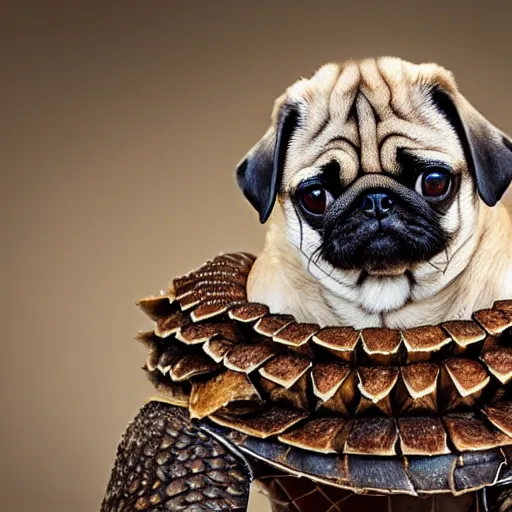 Image similar to a Pug with the armor of a pangolin, national geographic photograph