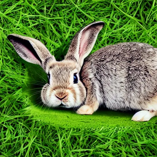 Prompt: Photo of a dwarf rabbit laying down on grass, eating parsley, realism, very detailed, photo by Nick Nichols