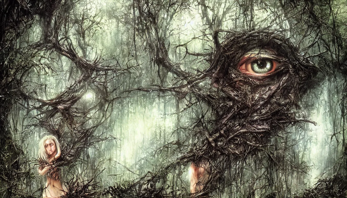 Image similar to a big eye floats above the ground in a dense forest, illustration by john taylor dismukes and dave lafleur, luis royo, chrome art, rich deep colors