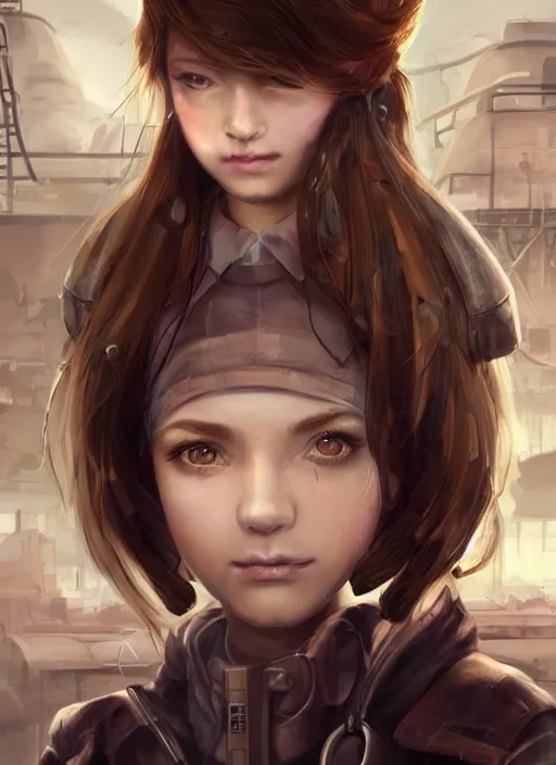 Image similar to a portrait digital painting of a young girl with hazel - brown hair. post - apocalyptic clothing. she's wearing a mechanics uniform and has been working on some large machinery. a factory background with big machines, pipes, computer monitors. painted by artgerm, ross tran.